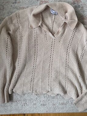 Michael Stars Beige Open-Knit V-Neck Sweater with Collared Neck